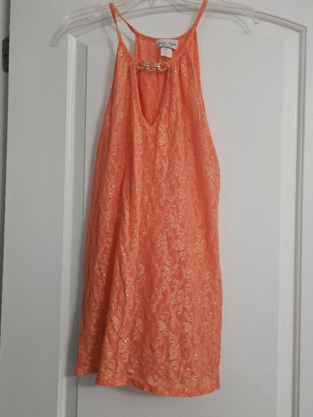 Orange Halter Strap Dress with Gold Filigree Print and Hardware